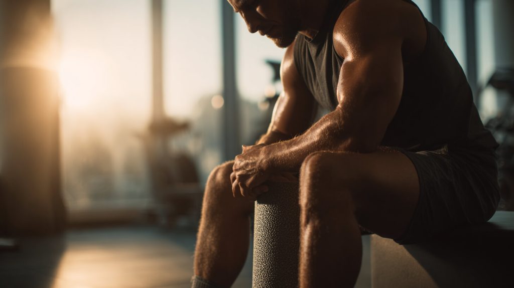 Vermoeide sporter zit met gebogen hoofd op een foam roller in de sportschool, herstellend van een intensieve training