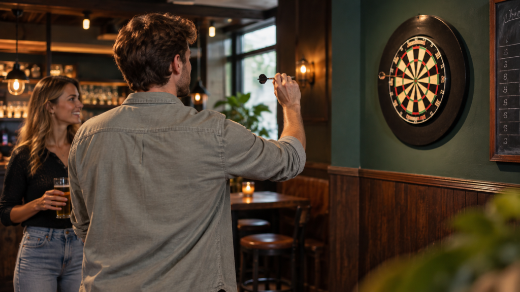 Man gooit een dartpijltje richting het bord in een sfeervolle pub, terwijl een vrouw met een biertje toekijkt