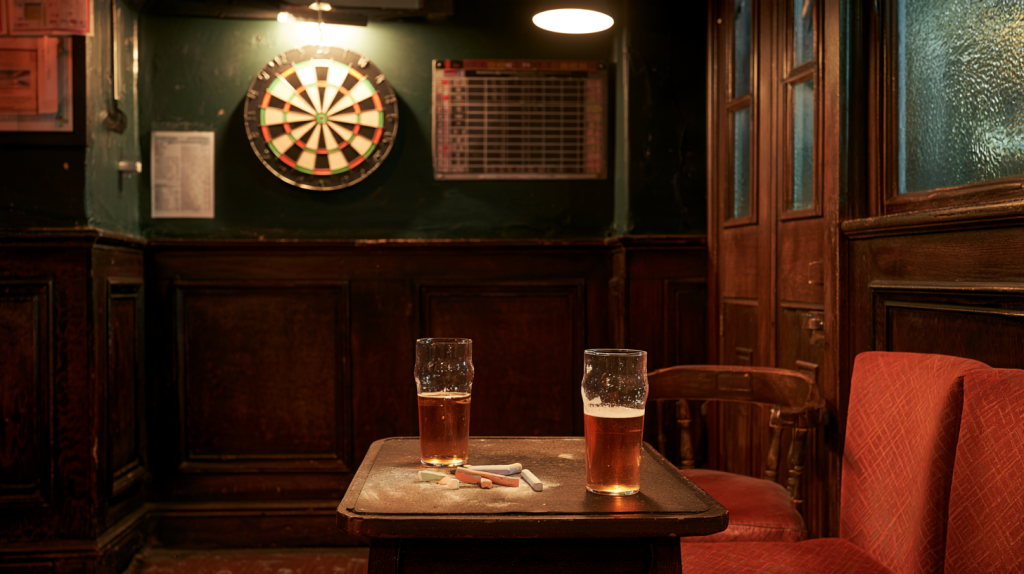Twee biertjes en gekleurd krijt op een pubtafel, met een dartbord op de achtergrond na een avond darten